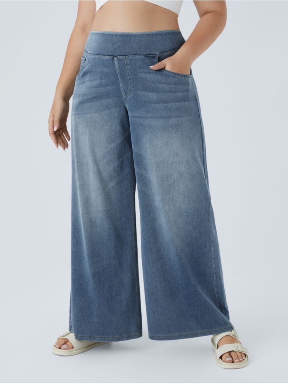 New! 1X Halara Flex High Waist Multiple Pockets Baggy Wide Leg Washed Denim Pant